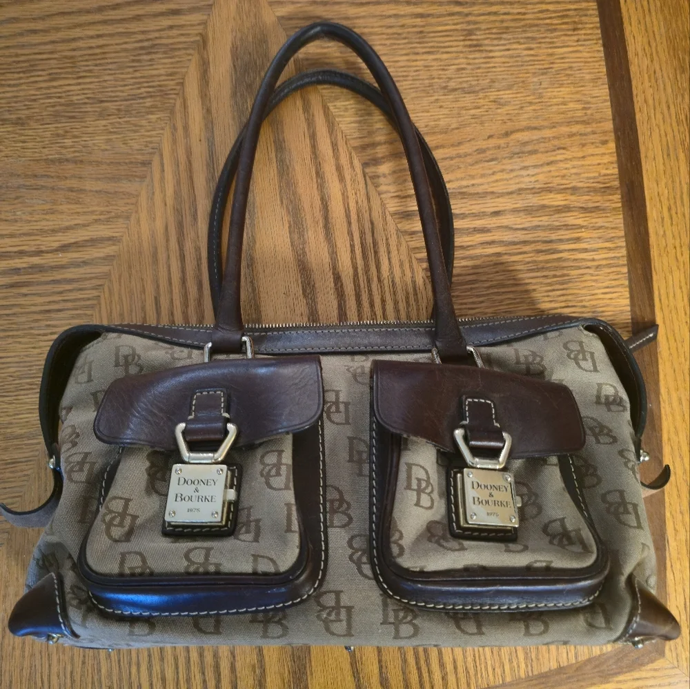 Dooney & Bourke Double Pocket w/ Locks Leather / Signature Canvas Satchel Purse - Picture 1 of 10